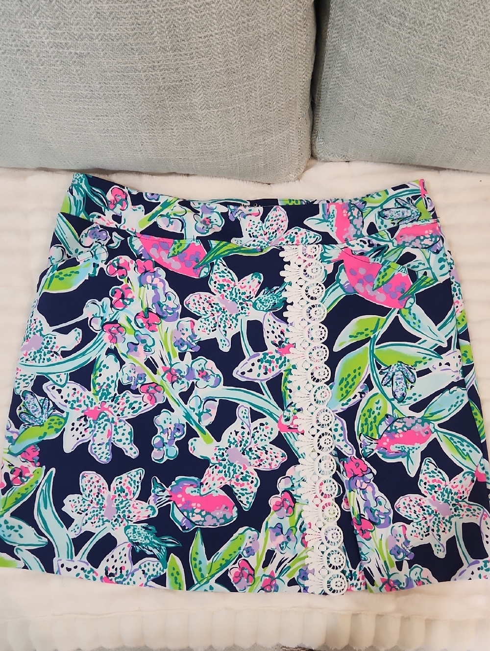 Lilly Pulitzer Navy Mini Skirt with Multicolor Floral Print and White Lace